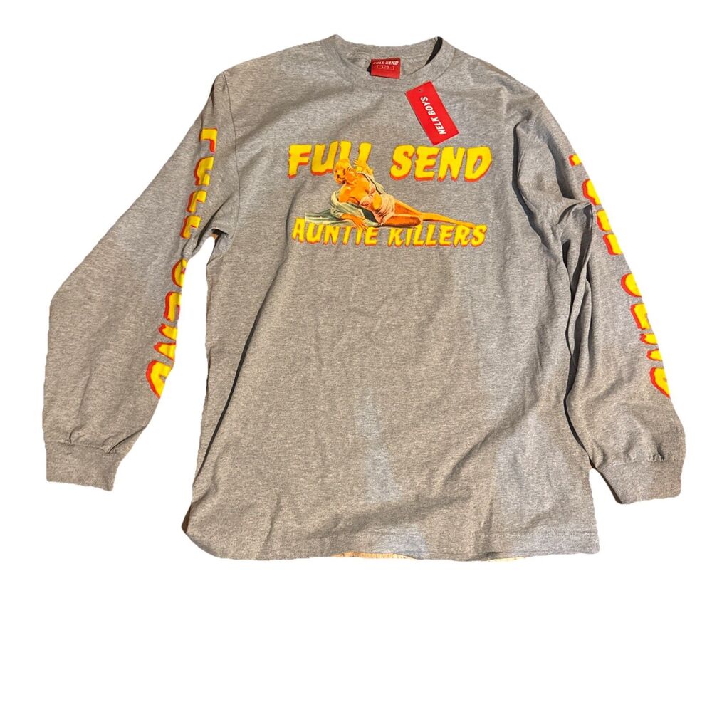 Nelk Boys Full Send Men's Auntie Killers Long Sleeve Gray T-Shirt Sz Large - New